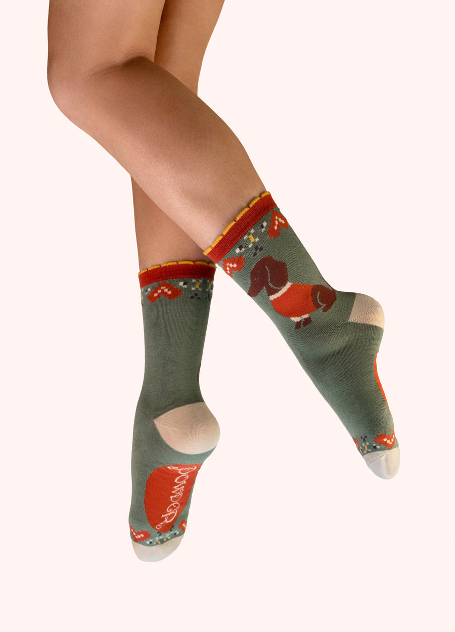Snuggle Sausage Dogs Ankle Socks - Olive