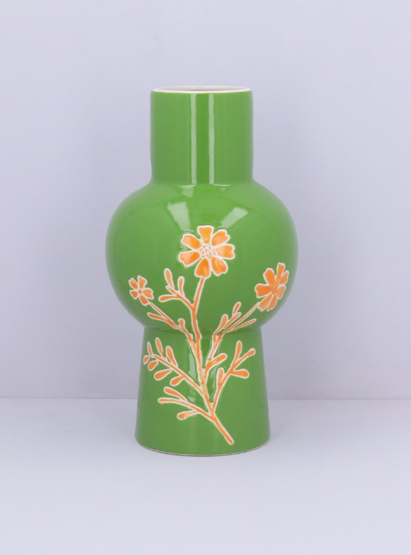 Ceramic Vase - Decorative Green with Orange Flowers