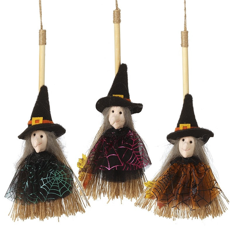 Hanging Witch With Broom In  Dress Mix
