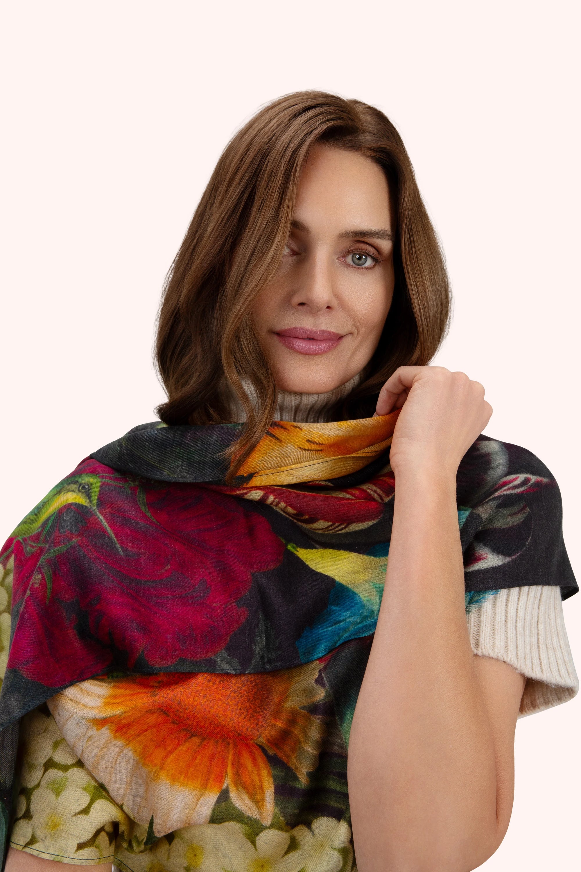Wool Wrap Scarf - Opulant Florals, Chocolate