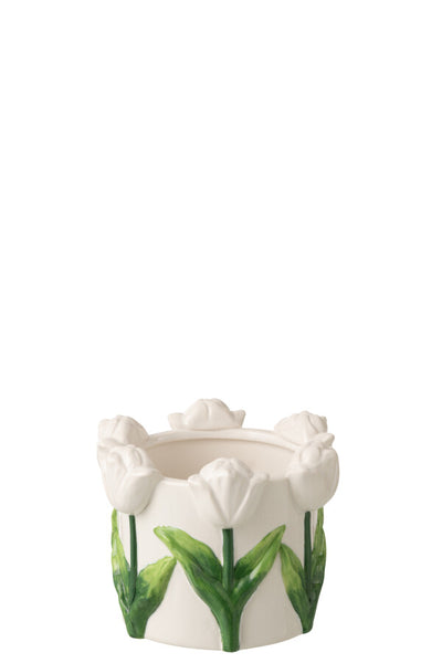 Flowerpot Tulip Ceramic White/Green Small