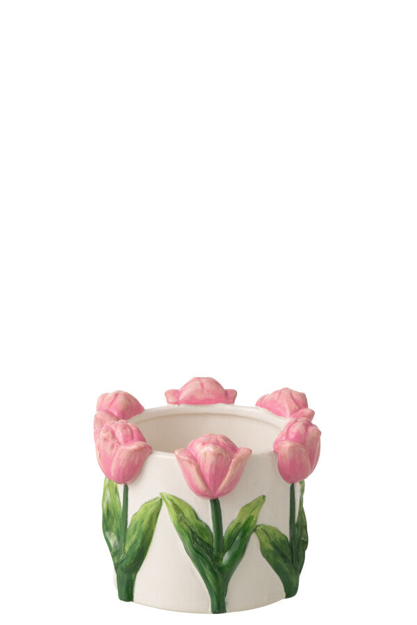 Flowerpot Tulip Ceramic White/Green Small