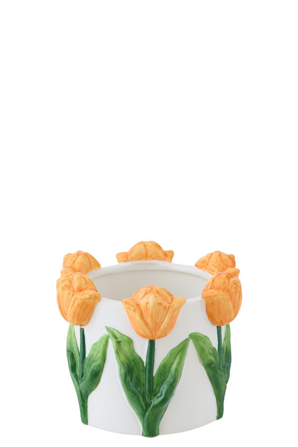Flowerpot Tulip Ceramic White/Green Small