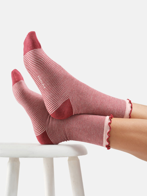 Womens Simple Stripe Frill Bamboo Crew Socks