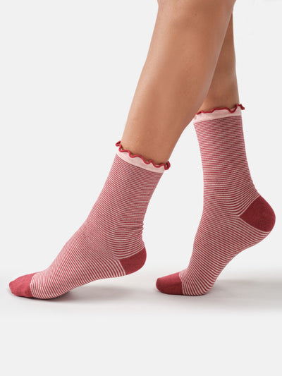Womens Simple Stripe Frill Bamboo Crew Socks