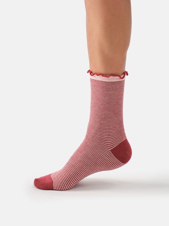 Womens Simple Stripe Frill Bamboo Crew Socks