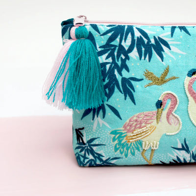 Luxe Embroidered Crane Make Up Pouch