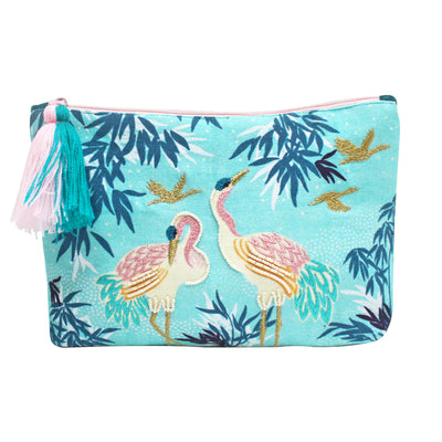 Luxe Embroidered Crane Make Up Pouch